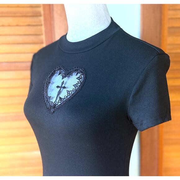 Gothic Lolita EGL Punk Victorian Heart & Cross Black Short Sleeve Tee Top - Picture 4 of 7